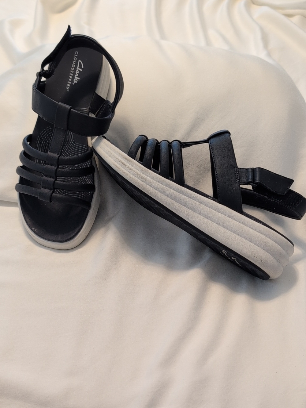Clarks Navy Blue Platform Cloudsteppers Sandals with White Sole